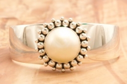 Artie Yellowhorse Genuine Mabe Pearl Sterling Silver Rising Sun Bracelet